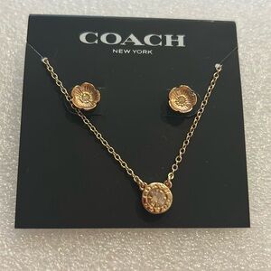COACH Rose Golden Open Circle Necklace with Flower Earring studs NWT